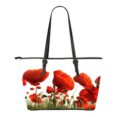 Poppy Flower Small Leather Tote Bag
