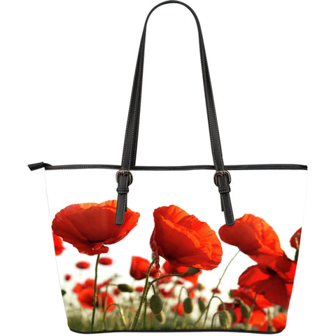 Poppy Flower Large Leather Tote Bag