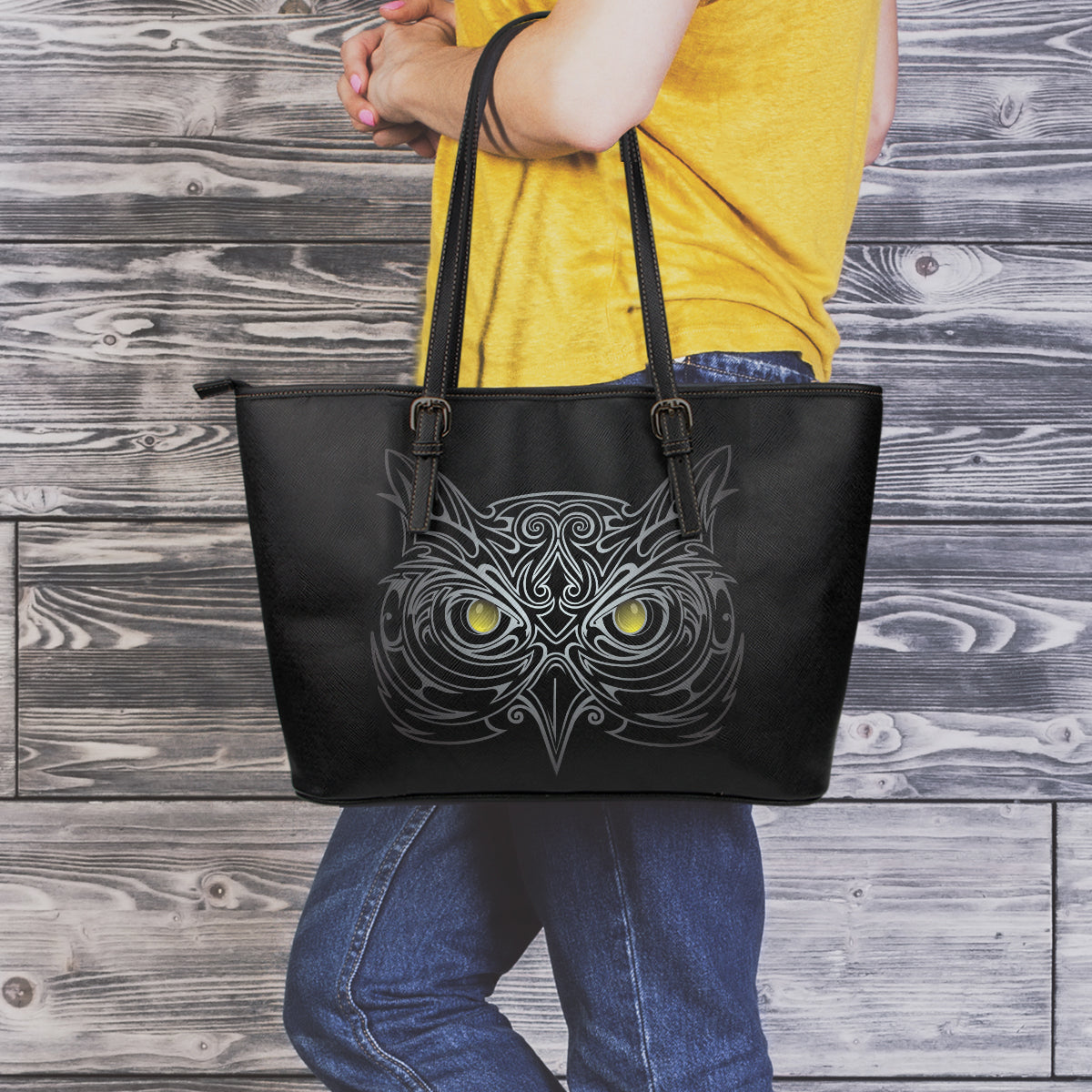 Black Owl Small Leather Tote Bag