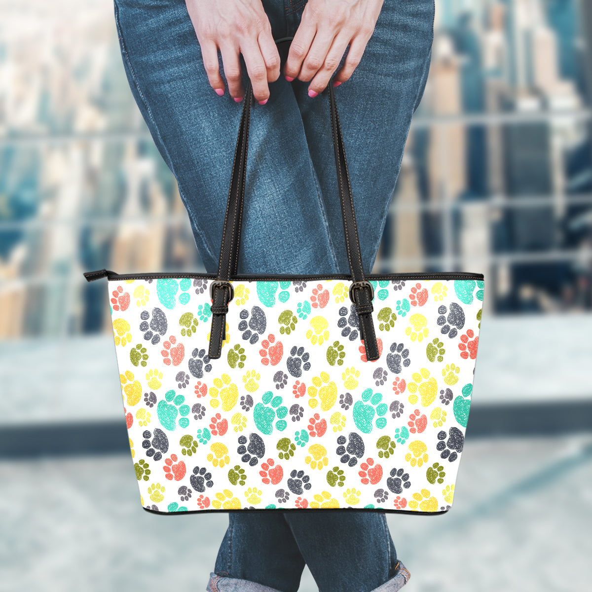 Colorful Paws Large Leather Tote Bag