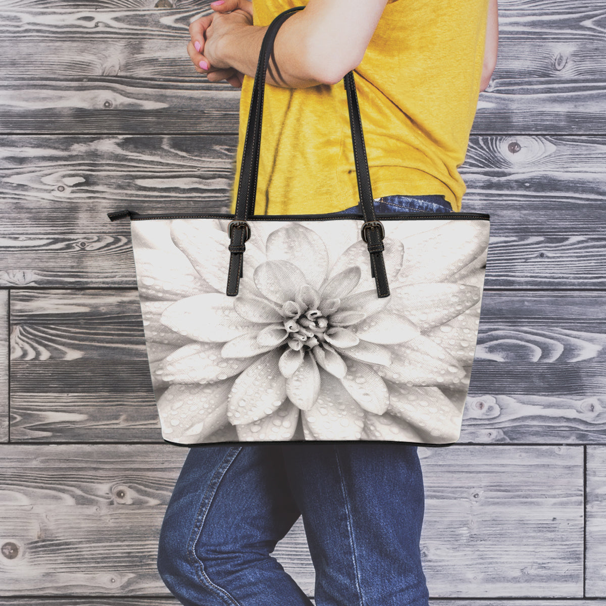 Dahlia Flower Large Leather Tote Bag