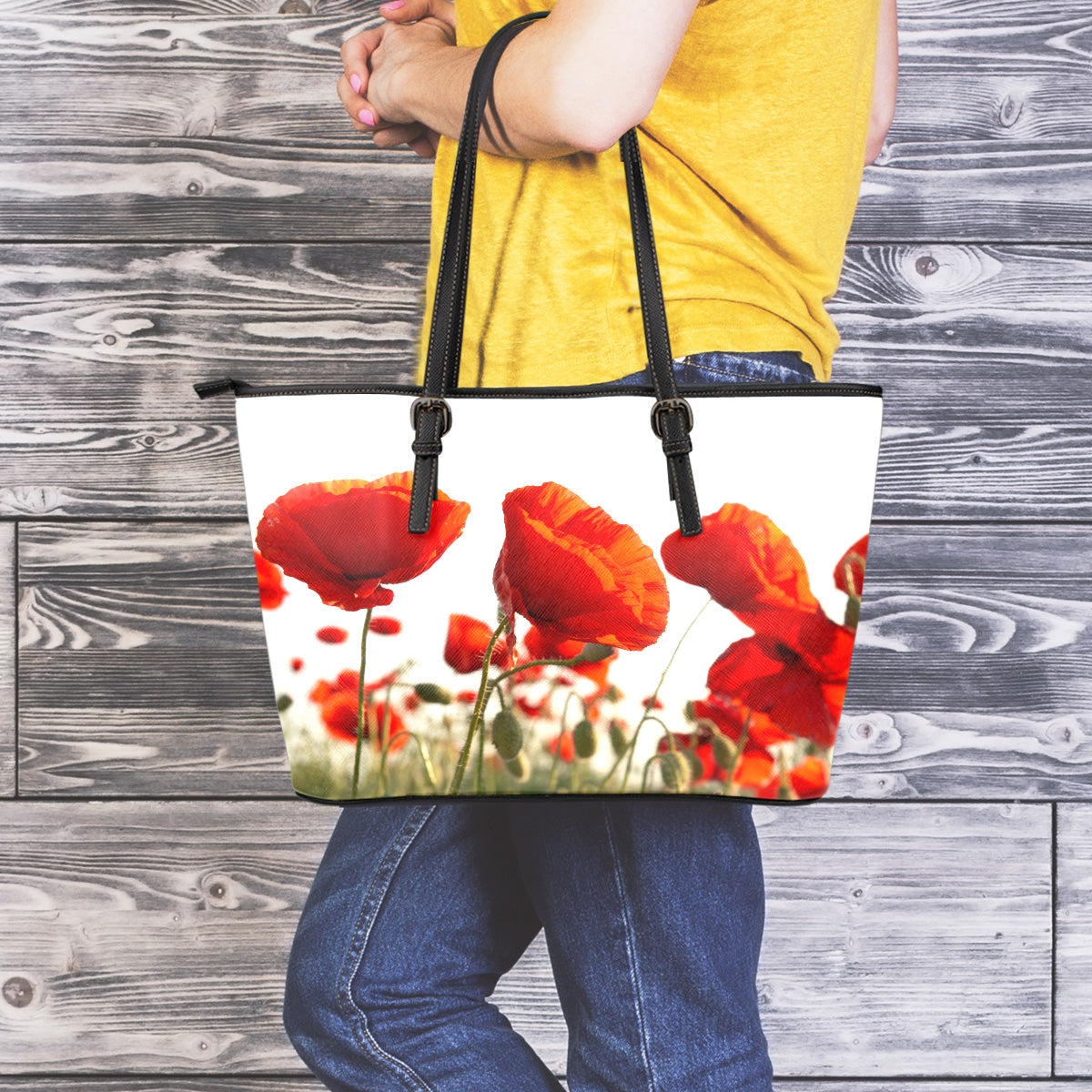 Poppy Flower Small Leather Tote Bag