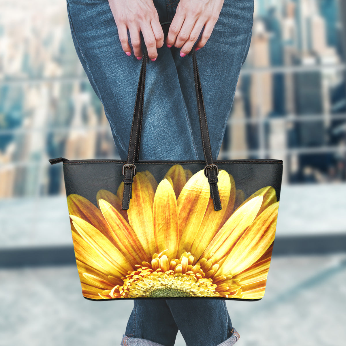 Yellow Daisy Flower Small Leather Tote Bag