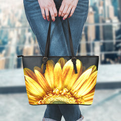 Yellow Daisy Flower Large Leather Tote Bag