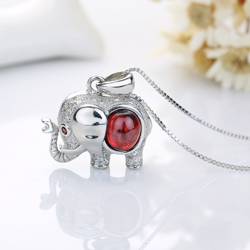 925 Sterling Silver Red Garnet Stone Elephant Necklace