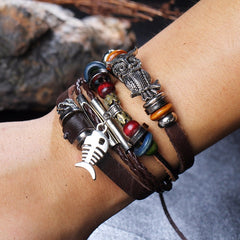 Leather Owl & Fish Skeleton Bracelet