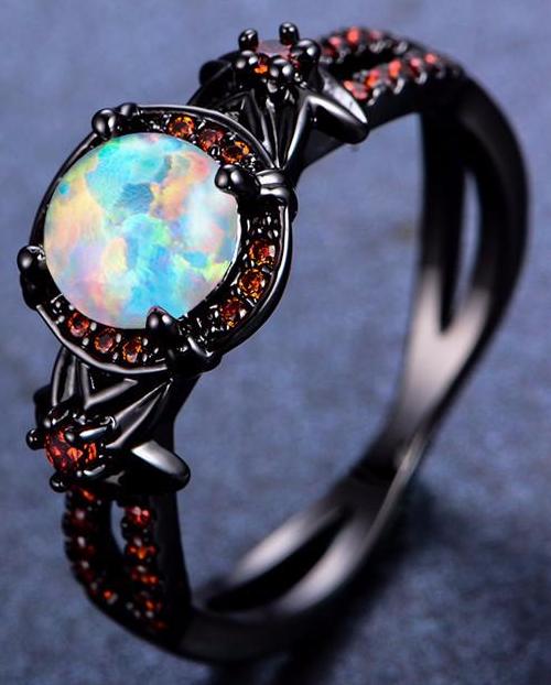 Mystic Rainbow Fire Opal Black Gold Ring