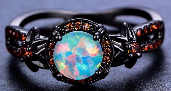 Mystic Rainbow Fire Opal Black Gold Ring
